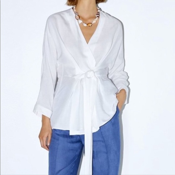 Zara Tops - Zara White Linen Blend Tie Wrap Blouse Sz S
